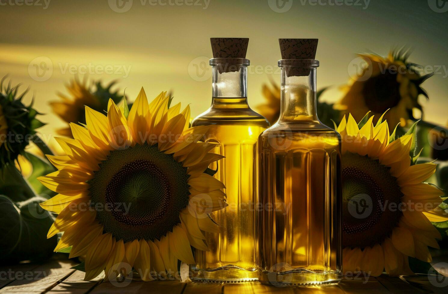 ai generato girasole olio bottiglie con giallo fiore. creare ai foto