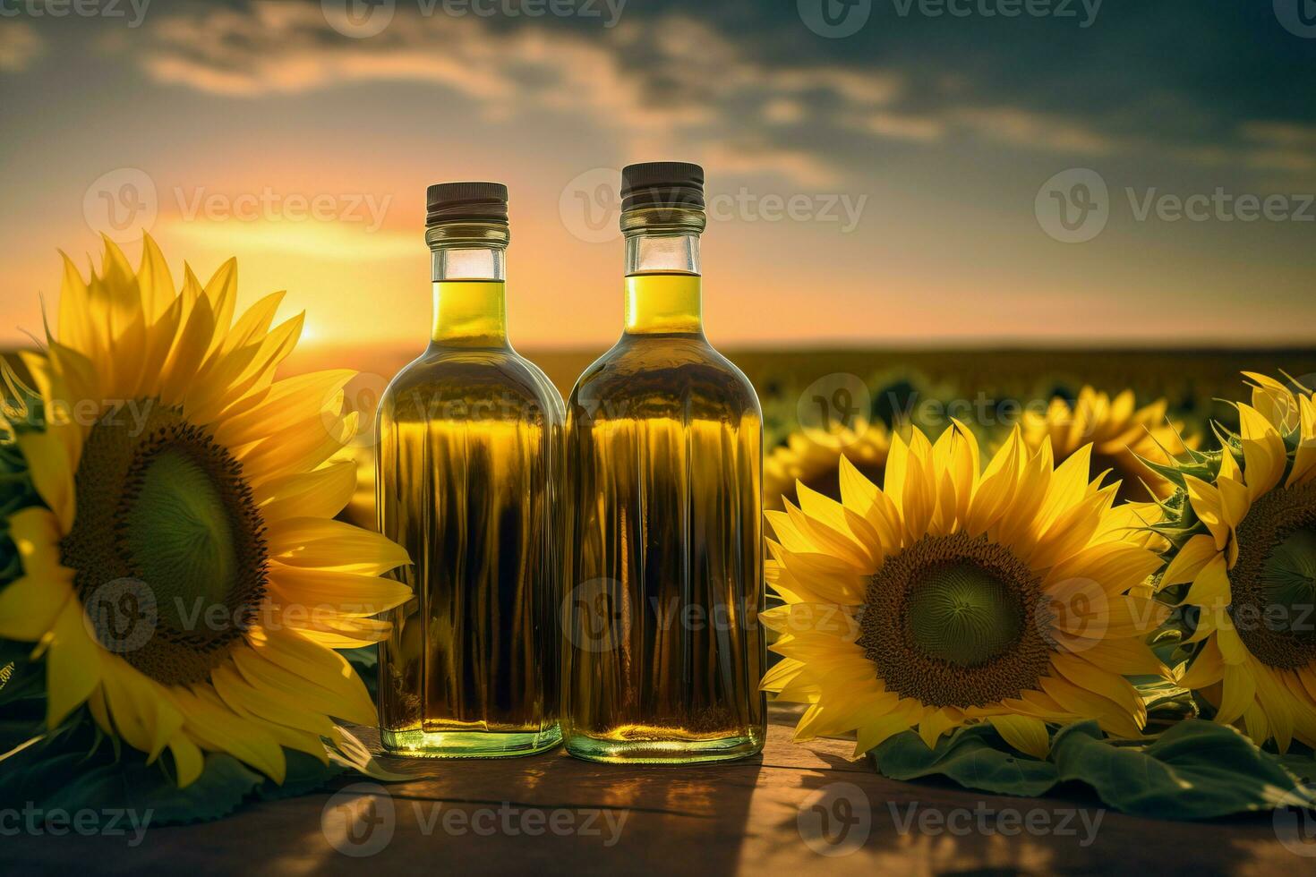 ai generato naturale girasole olio bottiglie su tramonto Visualizza. creare ai foto