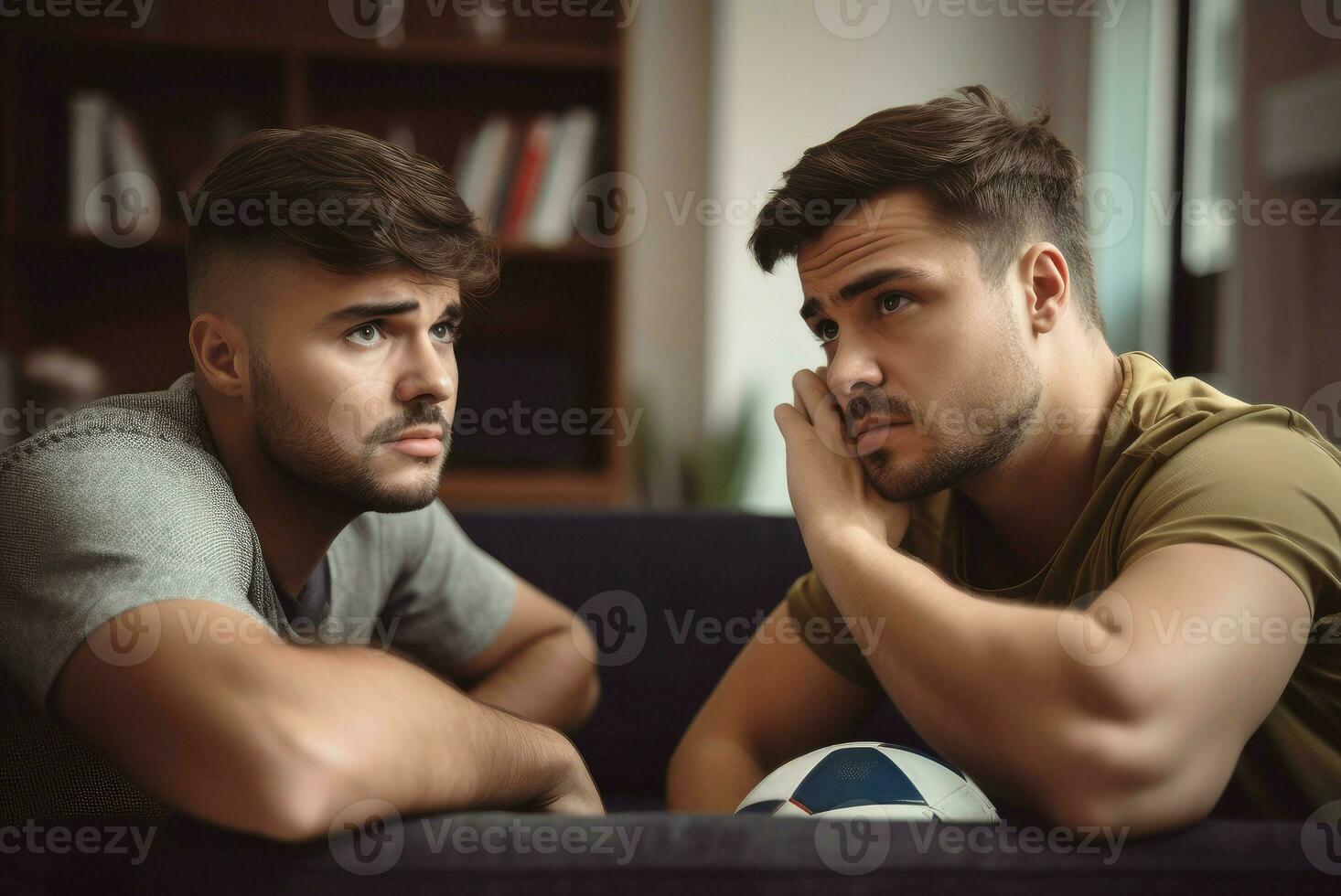 ai generato Due maschio amico calcio Guardando triste dopo incontro. creare ai foto