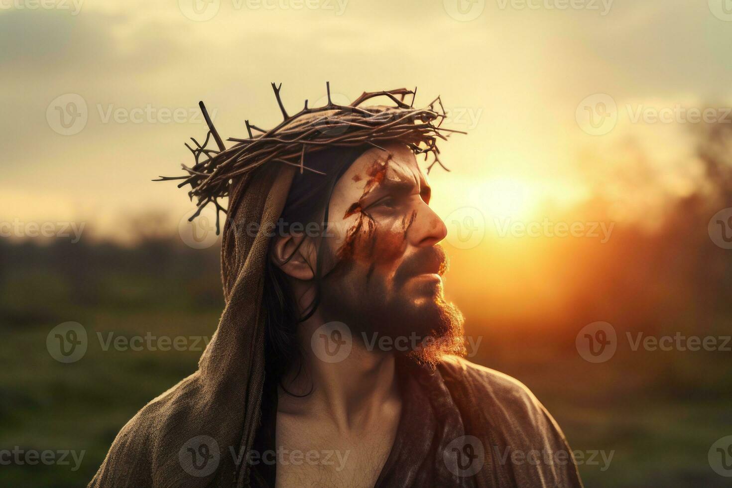 ai generato sanguinoso Gesù viso con spine corona. creare ai foto