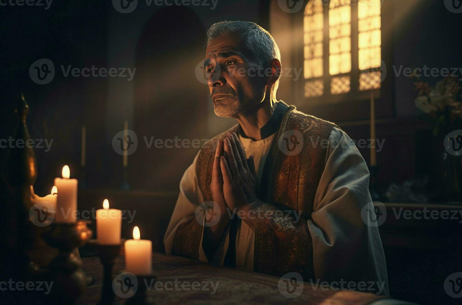 ai generato cattolico sacerdote preghiere nel buio Chiesa. creare ai foto