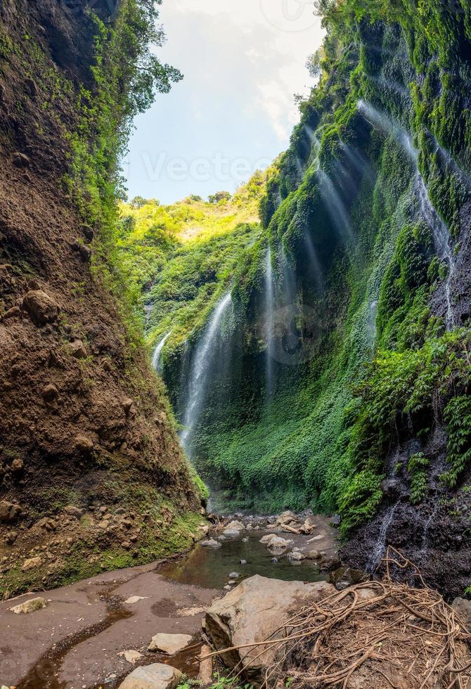 maestosa cascata madakaripura che scorre su una scogliera rocciosa foto