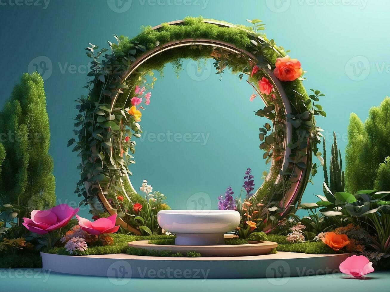 ai generato un' fiore giardino con un' circolare arco e un' Fontana foto