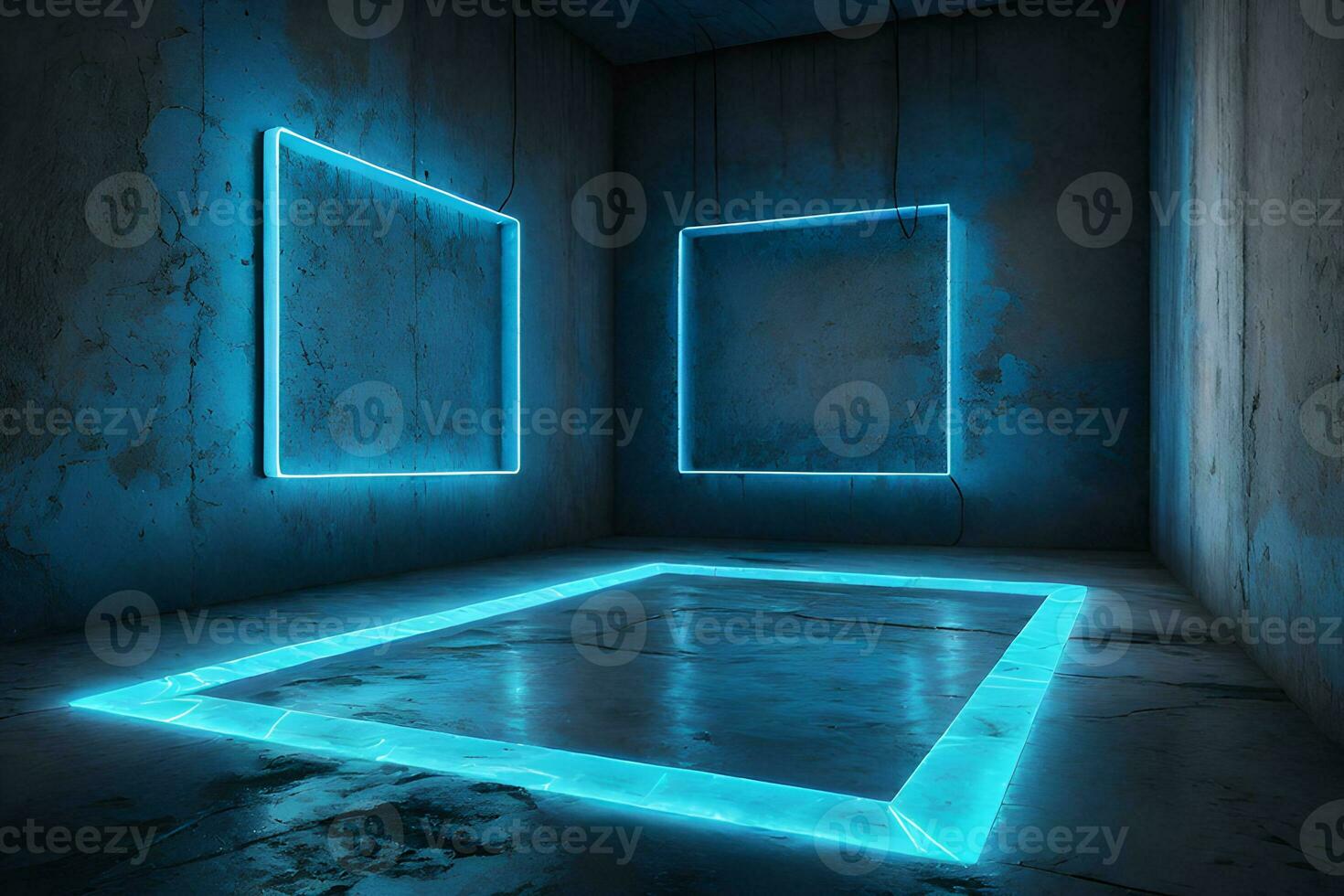 ai generato un' camera con piazza blu neon raggiante montatura su grunge calcestruzzo muri e un' raggiante pavimento foto