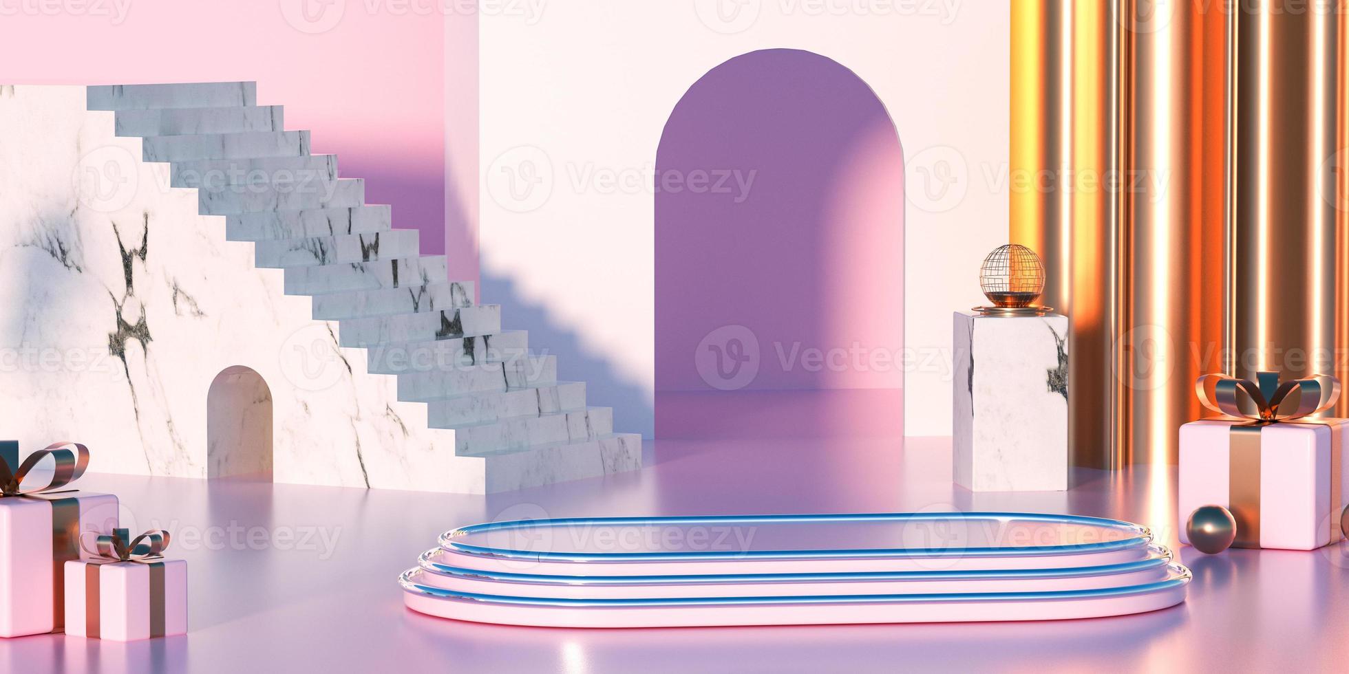 Rendering 3D di sfondo viola astratto con podio foto