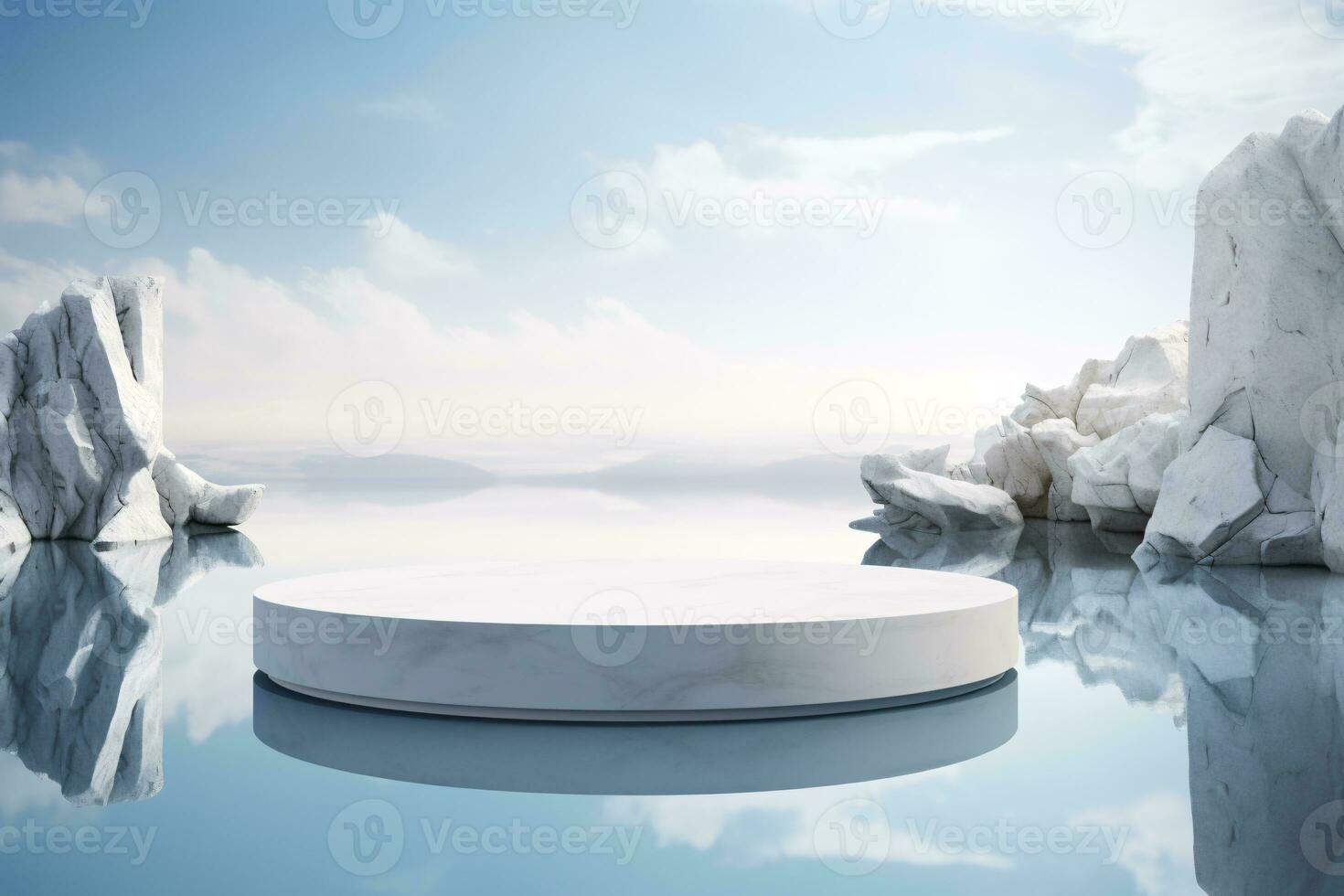 ai generato cosmetico Schermo Prodotto In piedi su bianca pietra podio su acqua sfondo. generativo ai foto
