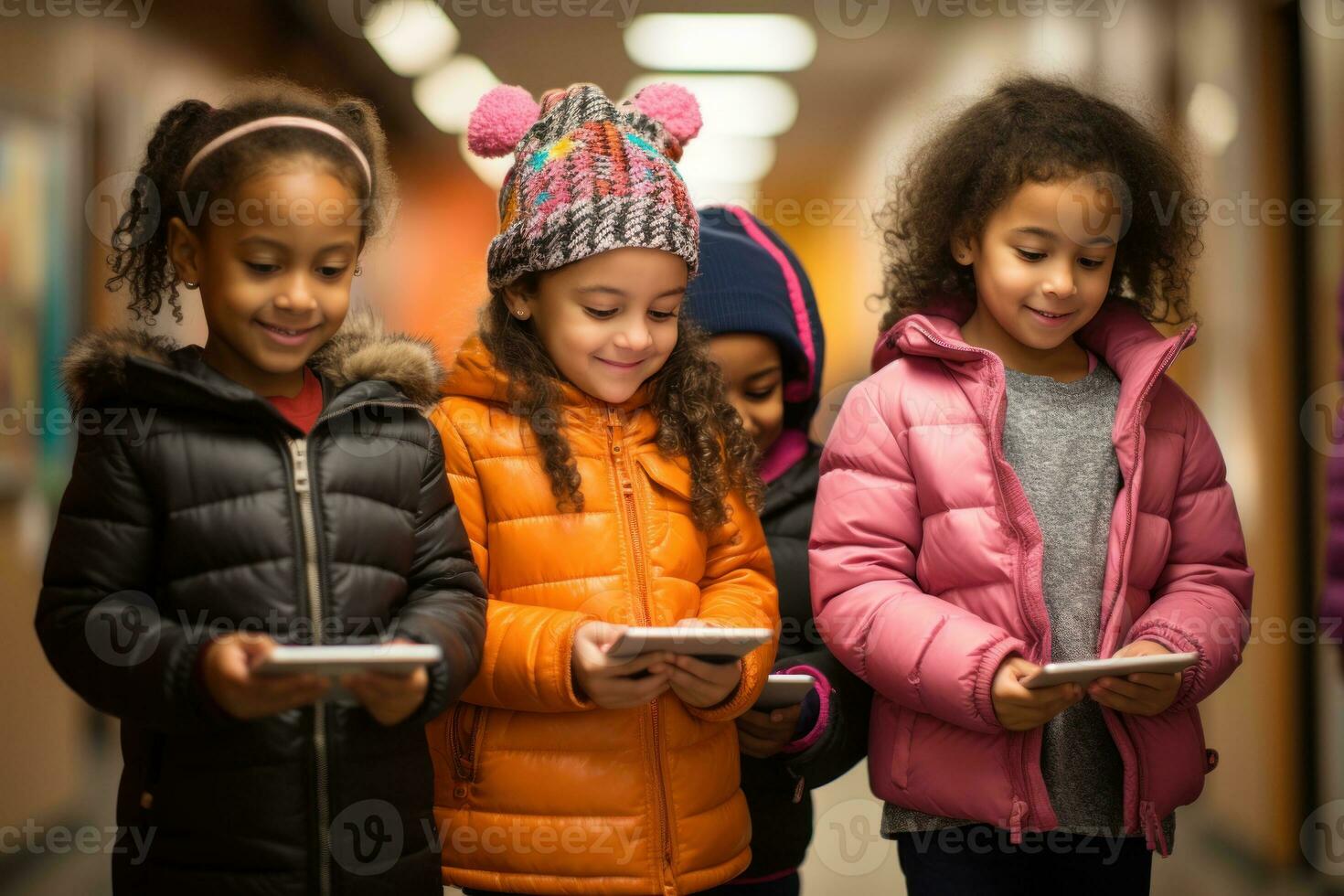 ai generato quattro bambini nel un' corridoio impegnato con un' tavoletta esplorando digitale meraviglie insieme con eccitazione, diverso formazione scolastica e insegnanti giorno Immagine foto