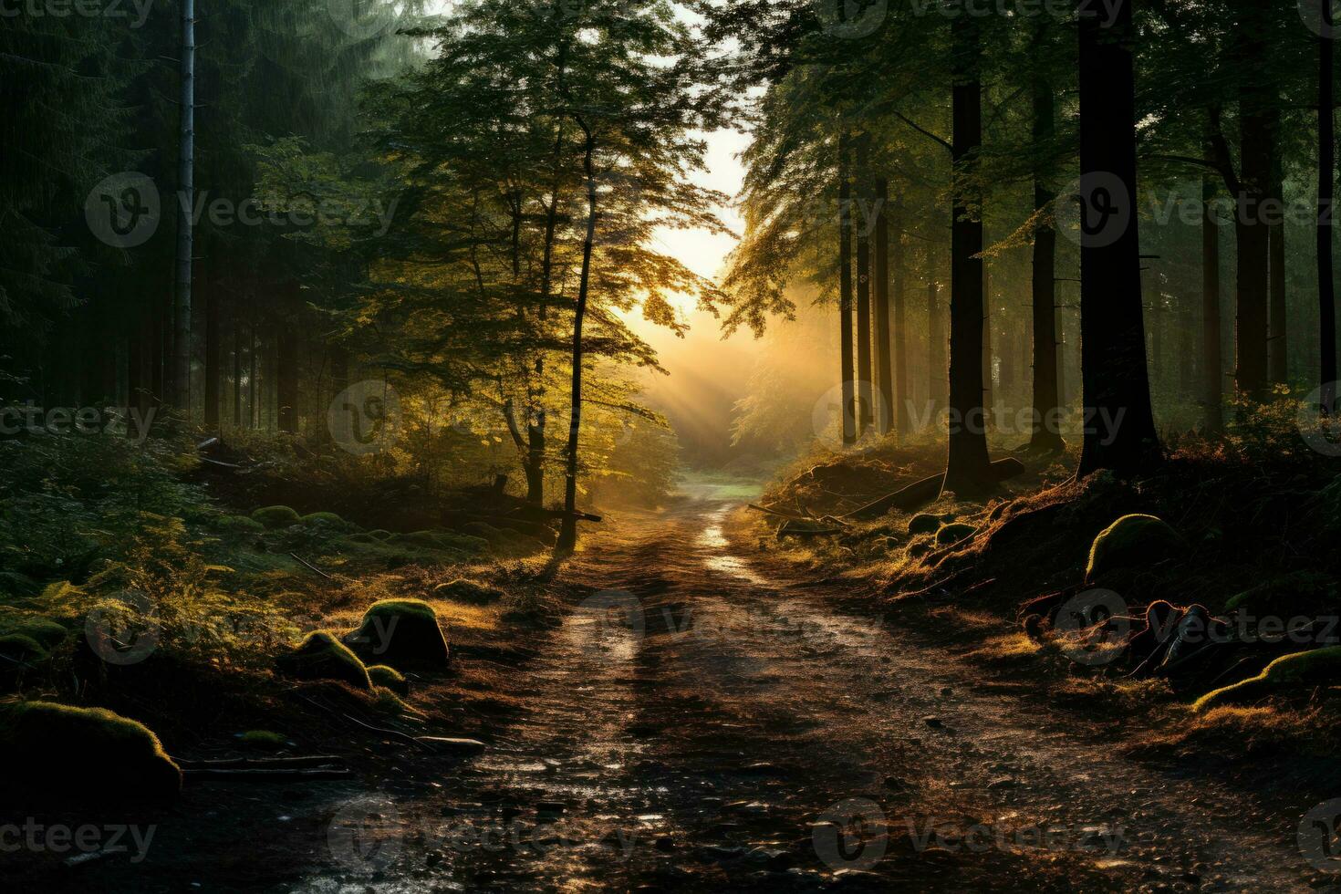 ai generato nebbioso boschi bagnata nel alba luce, Alba e tramonto sfondo foto