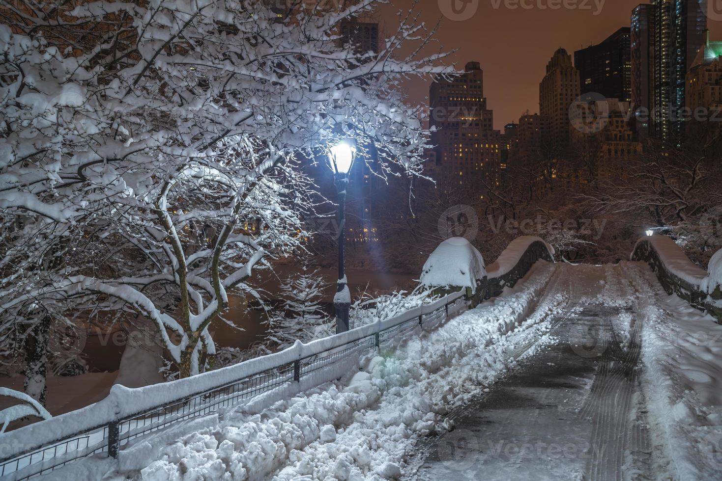 ponte gapstow nel parco centrale di notte dopo la tempesta di neve foto