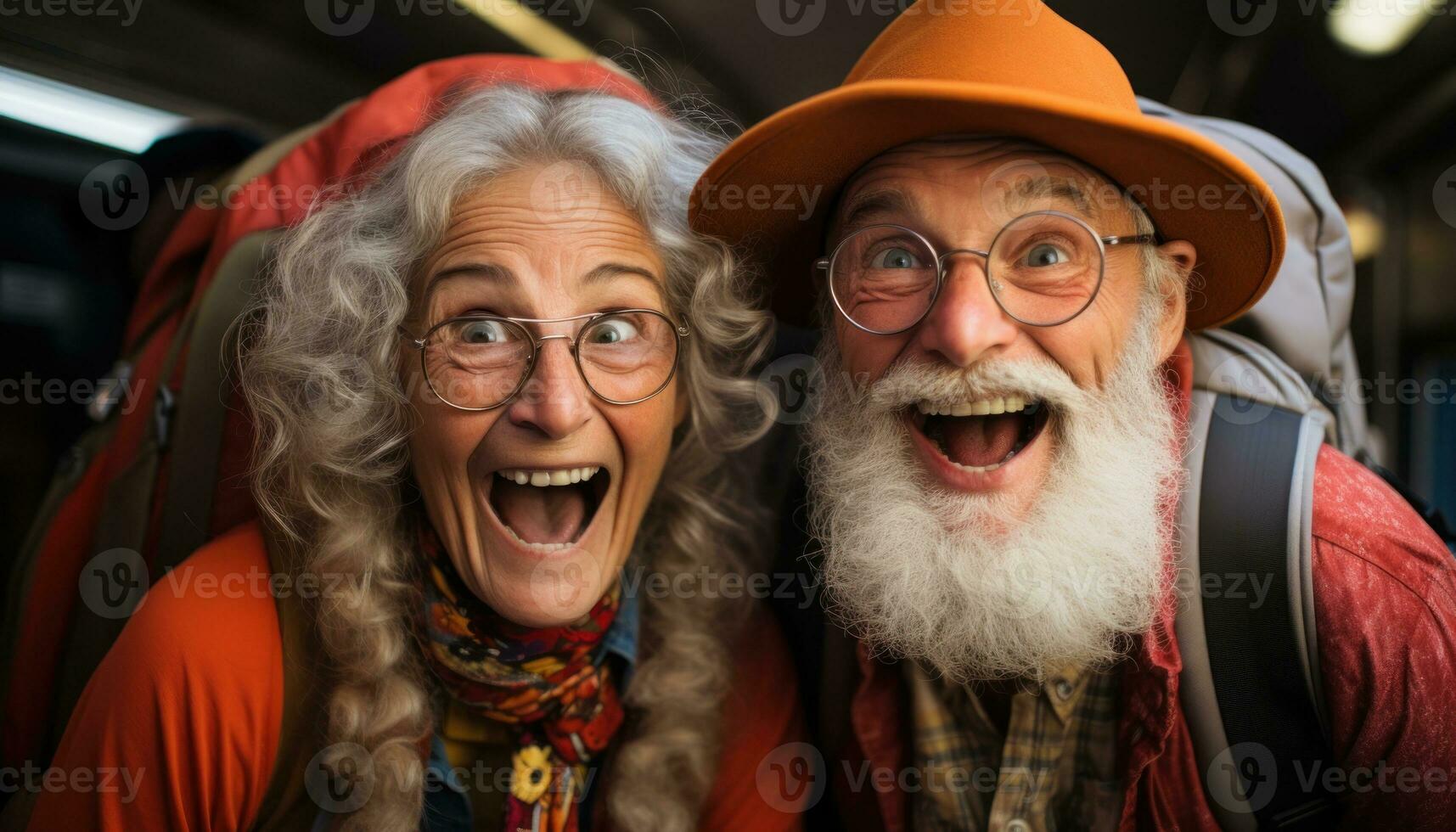 ai generato cappello e zaino su anziano coppia, contento attivo gli anziani immagini foto