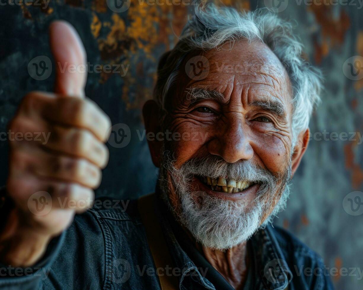 ai generato un più vecchio uomo con un' grande Sorridi festeggiare e dando un' pollici su, contento attivo gli anziani immagini foto