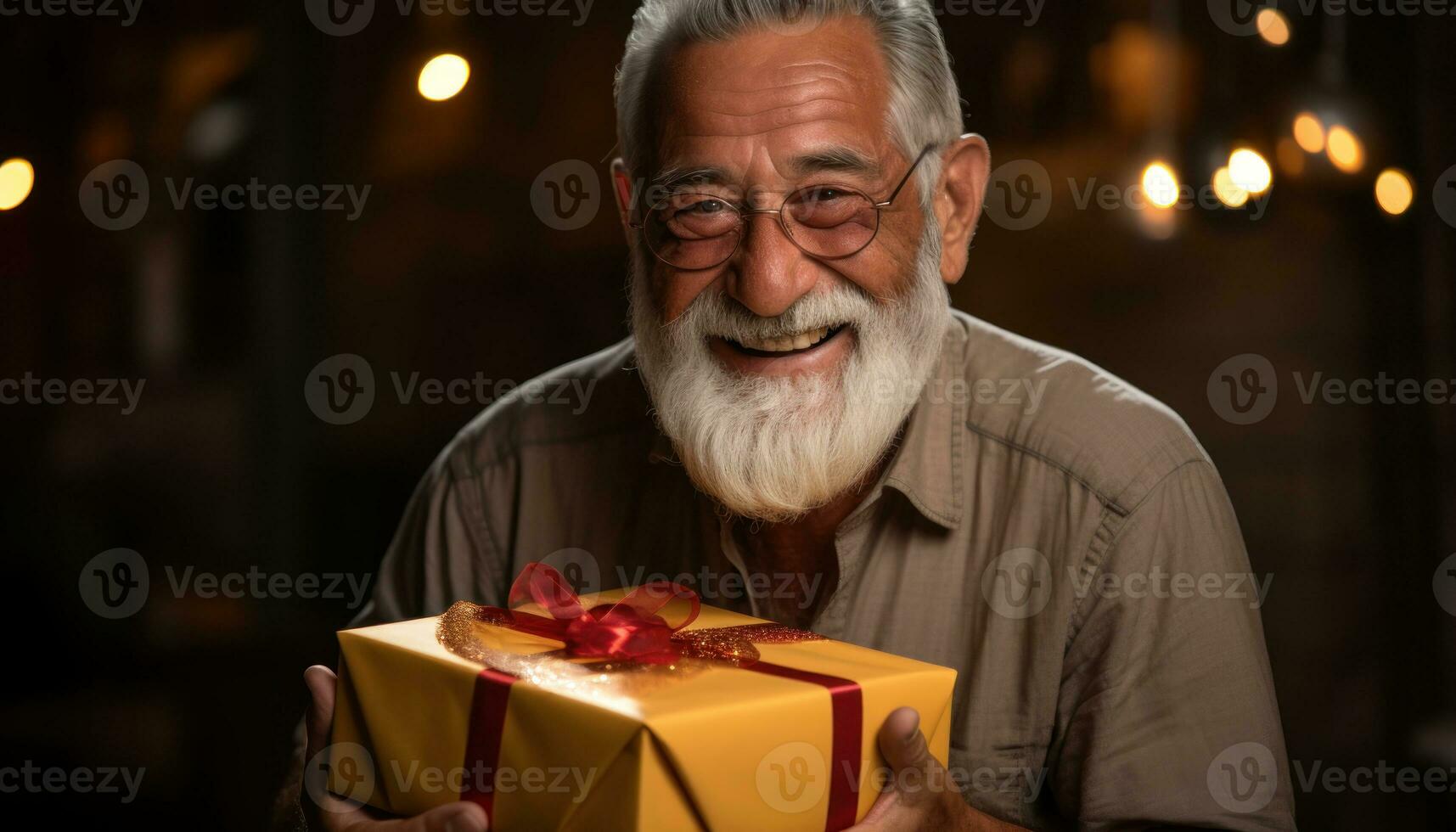 ai generato uomo presentazione luminosa giallo regalo, attivo gli anziani stile di vita immagini foto