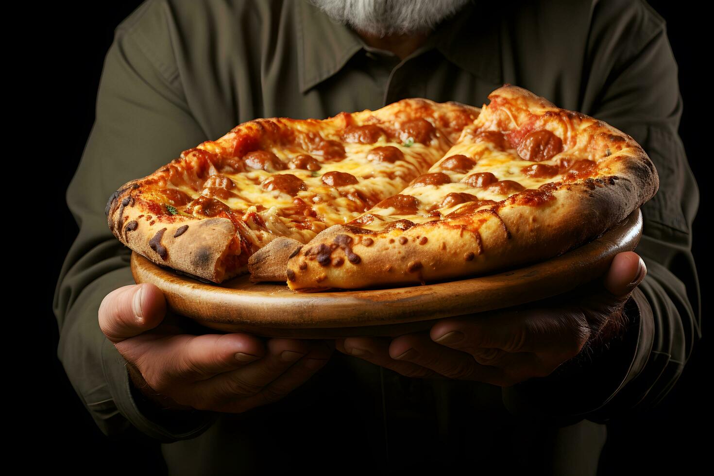 ai generato vicino su su un' uomo mano è trasporto un' vassoio di fatti in casa Pizza formaggio per servire. ai generato foto