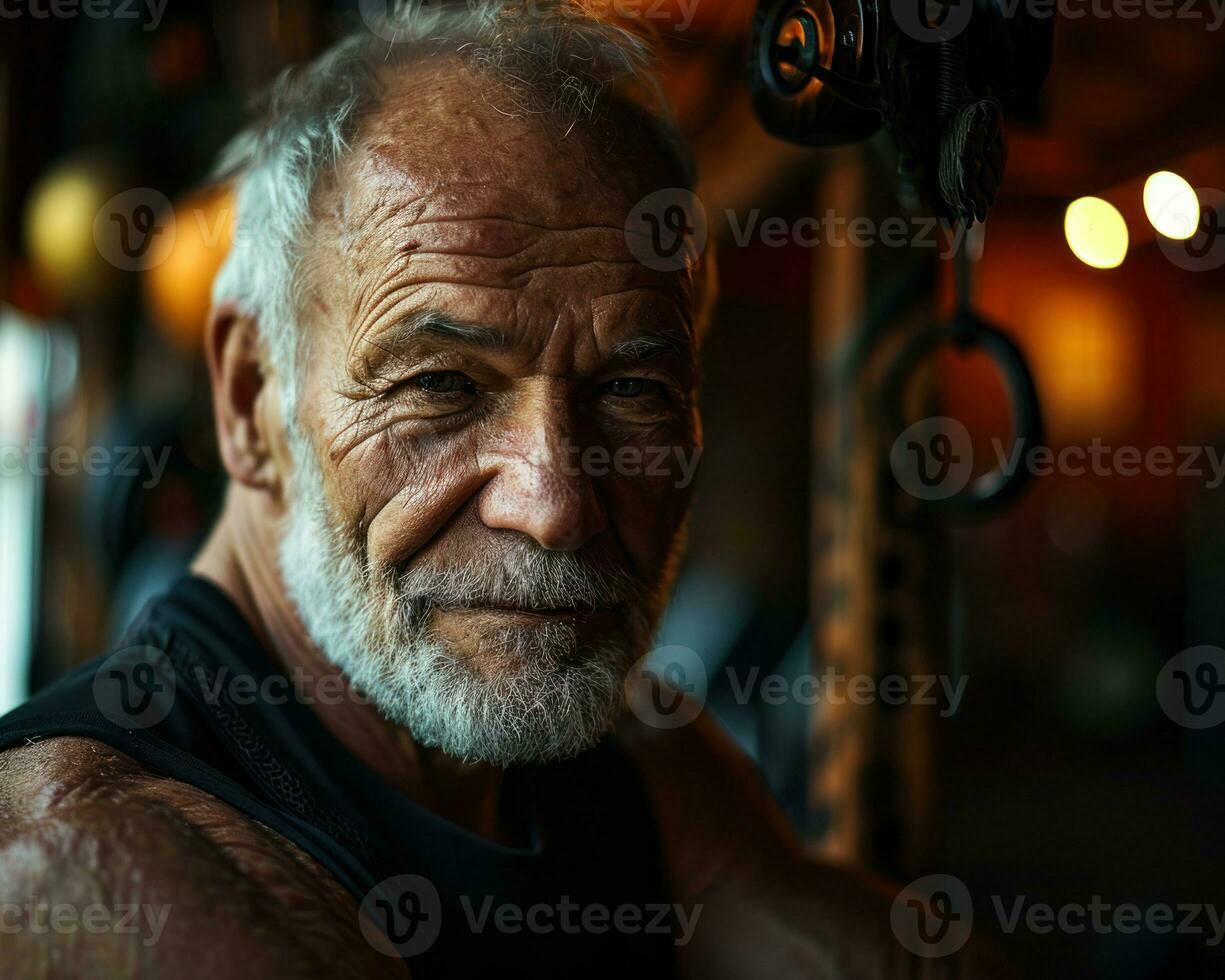 ai generato Nonno soggiorno salutare a il fitness centro, attivo gli anziani stile di vita immagini foto