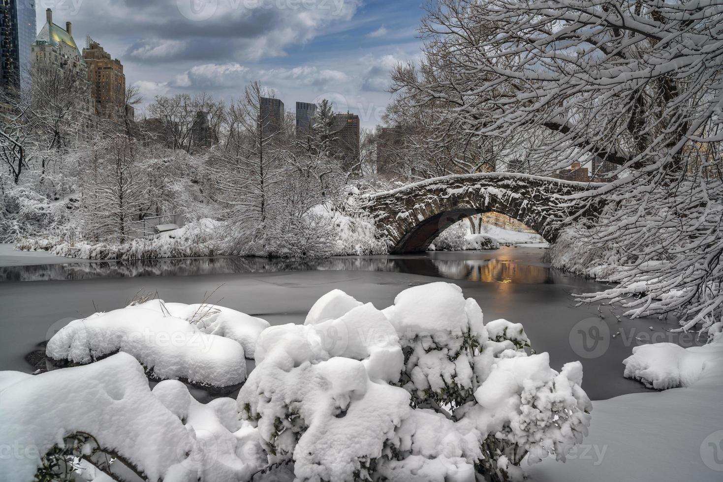 ponte gapstow a central park tempesta di neve foto