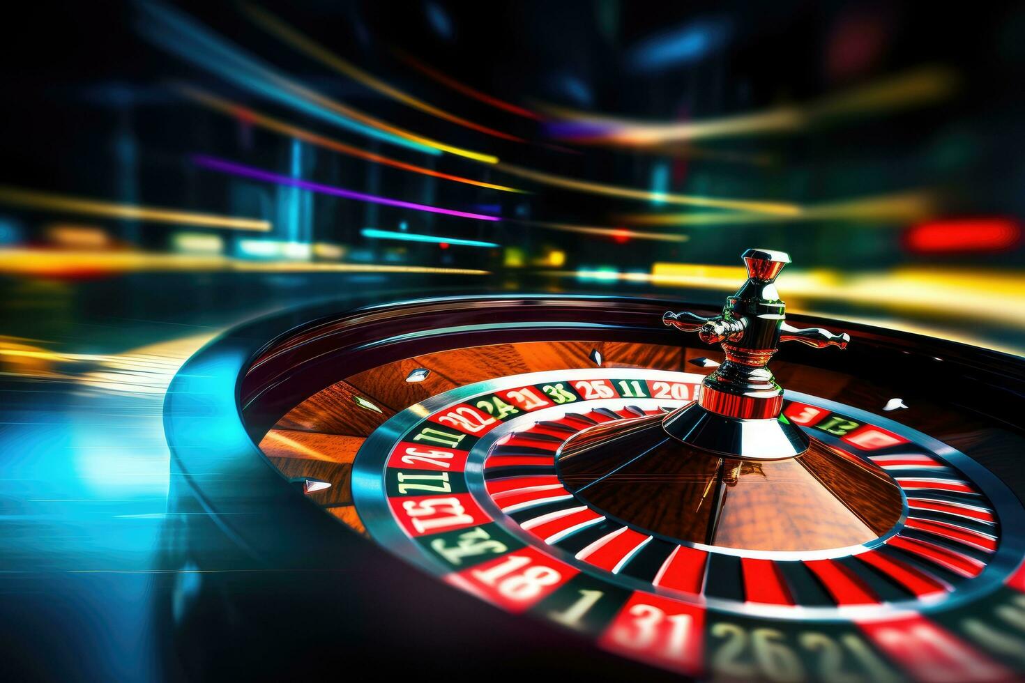 ai generato casinò roulette ruota con rosso e blu leggero effetto, 3d rendere, casinò roulette ruota nel movimento su un' colorato sfondo, ai generato foto