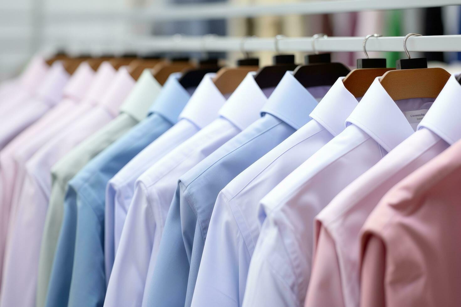 ai generato colorato camicie su grucce nel moda negozio, avvicinamento Visualizza, Uomini camicie, lavato e ordinatamente stirato, ai generato foto
