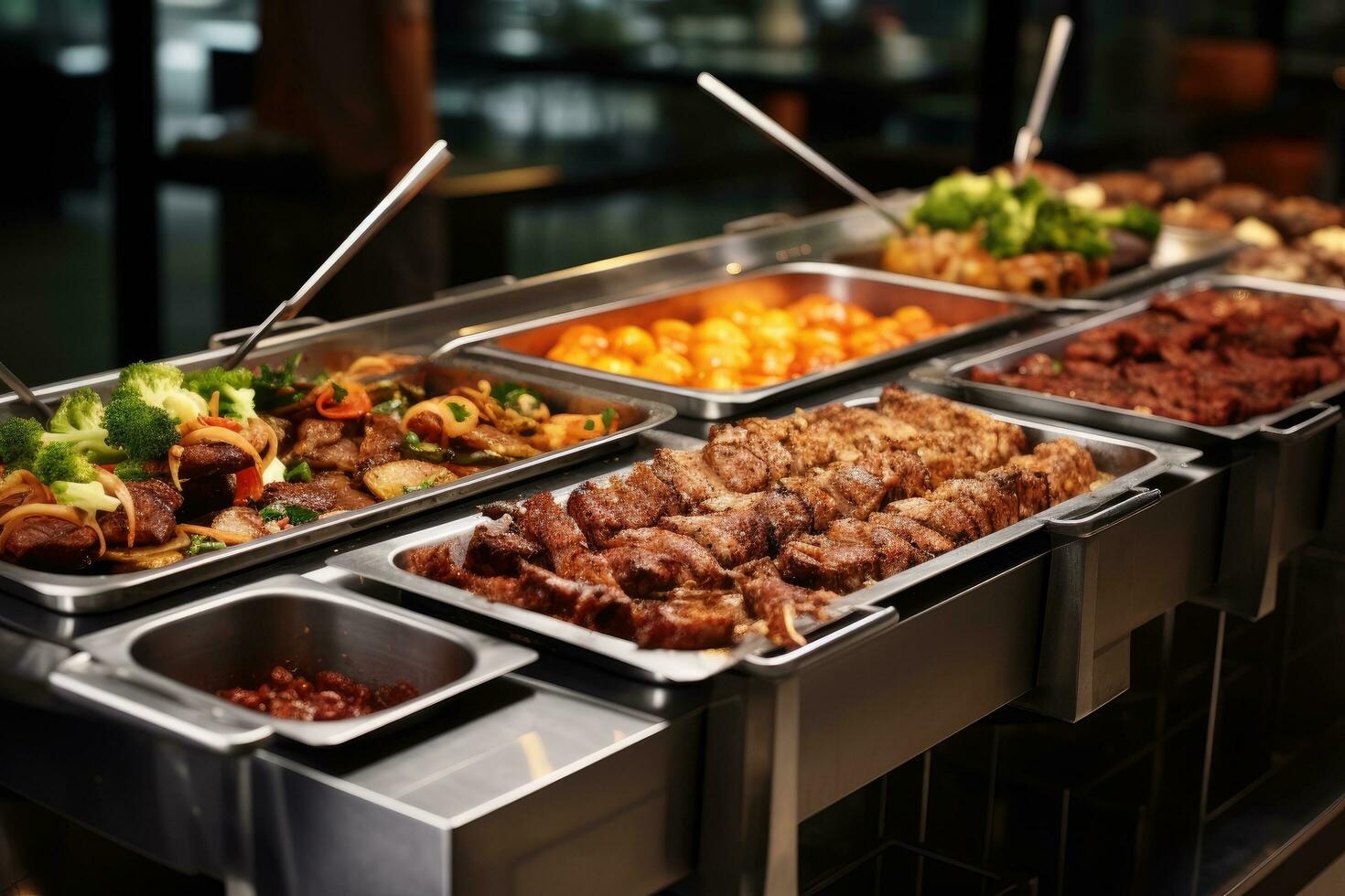 ai generato ristorazione buffet cibo interno nel lusso ristorante con carne e la verdura, ristorazione buffet cibo interno nel ristorante con grigliato carne, ai generato foto