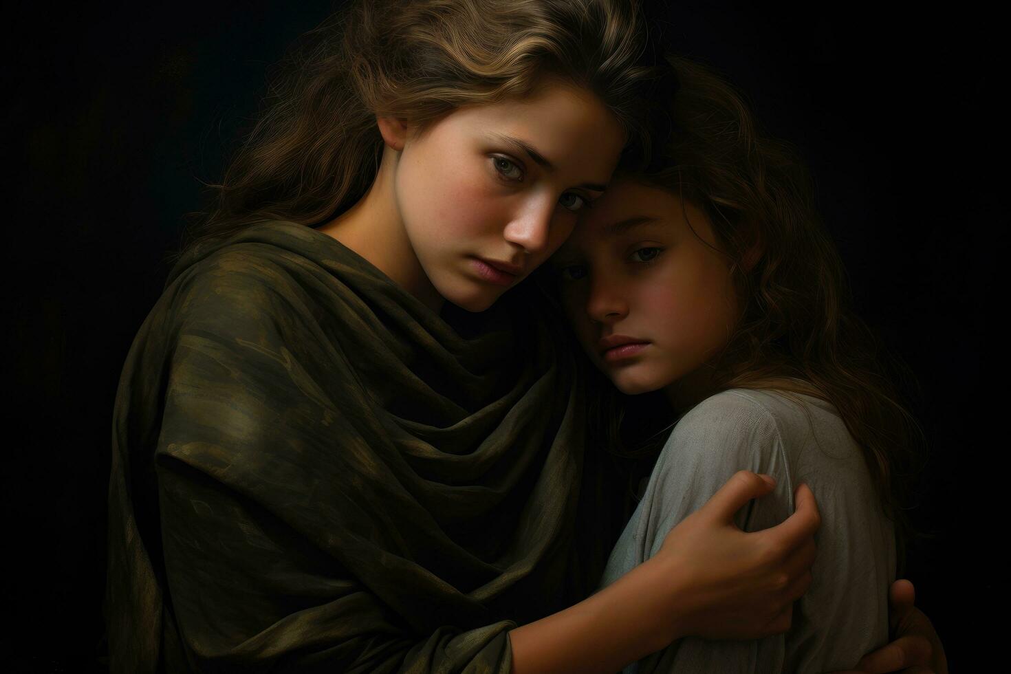 ai generato ritratto di Due bellissimo giovane donne abbracciare ogni altro nel il scuro, un' giovane amorevole madre abbracciare sua adolescenziale figlia, ai generato foto