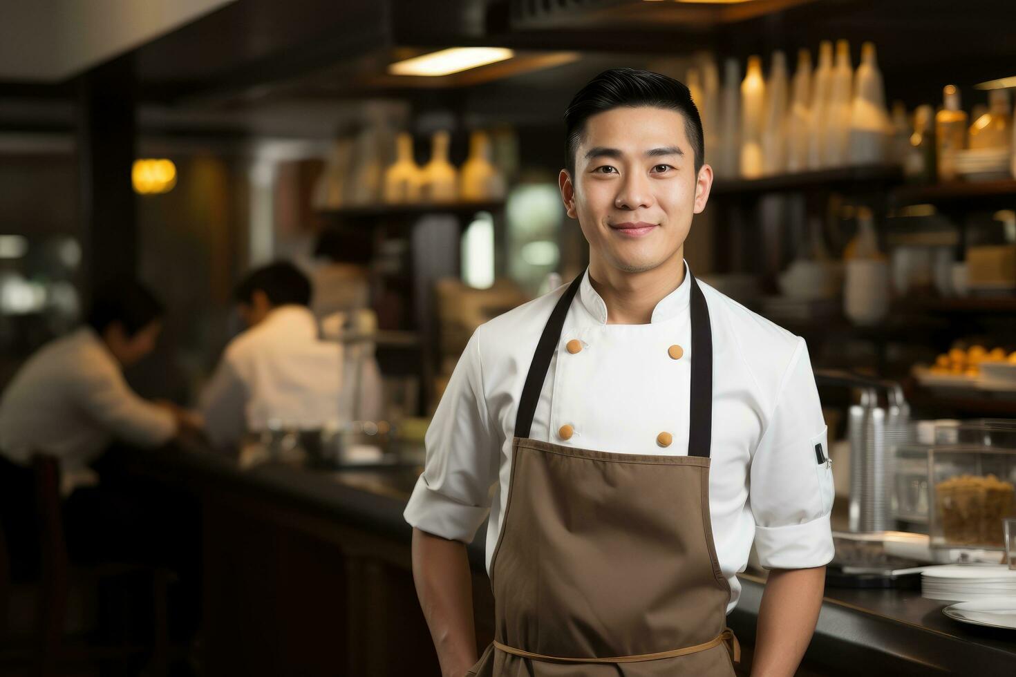ai generato giovane asiatico capocuoco in piedi nel ristorante, un attraente giovane testa capocuoco asiatico di un' prestigioso ristorante, ai generato foto