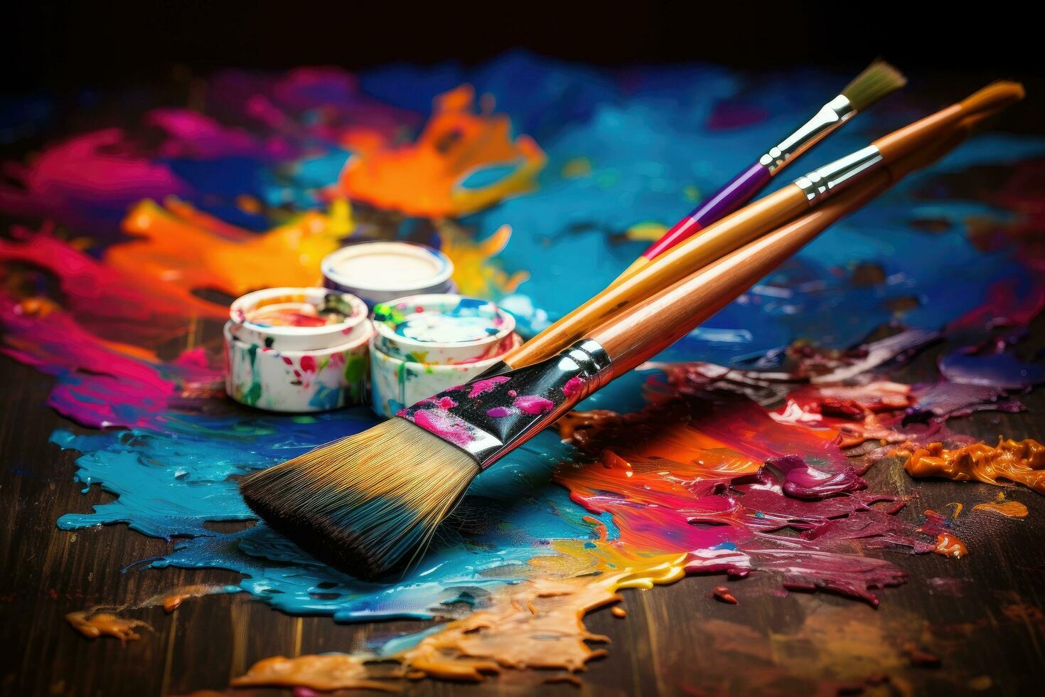 ai generato dipingere spazzole e tavolozza con colorato vernici su un' di legno tavolo, colorato artista spazzole e dipingere, ai generato foto