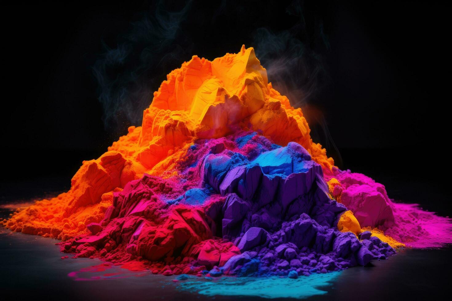 ai generato colorato vulcano su nero sfondo, 3d illustrazione, orizzontale Immagine, colorato holi polvere per il holi Festival contro un' nero sfondo, ai generato foto