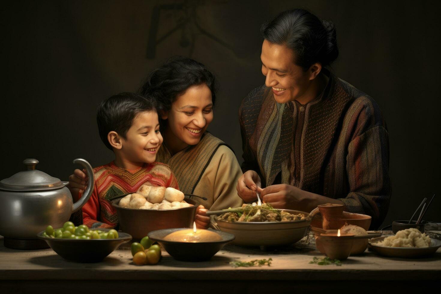 ai generato non identificato indiano famiglia cucinando cibo nel cucina a casa, un' famiglia cucinando loro culturale eredità piatti, ai generato foto