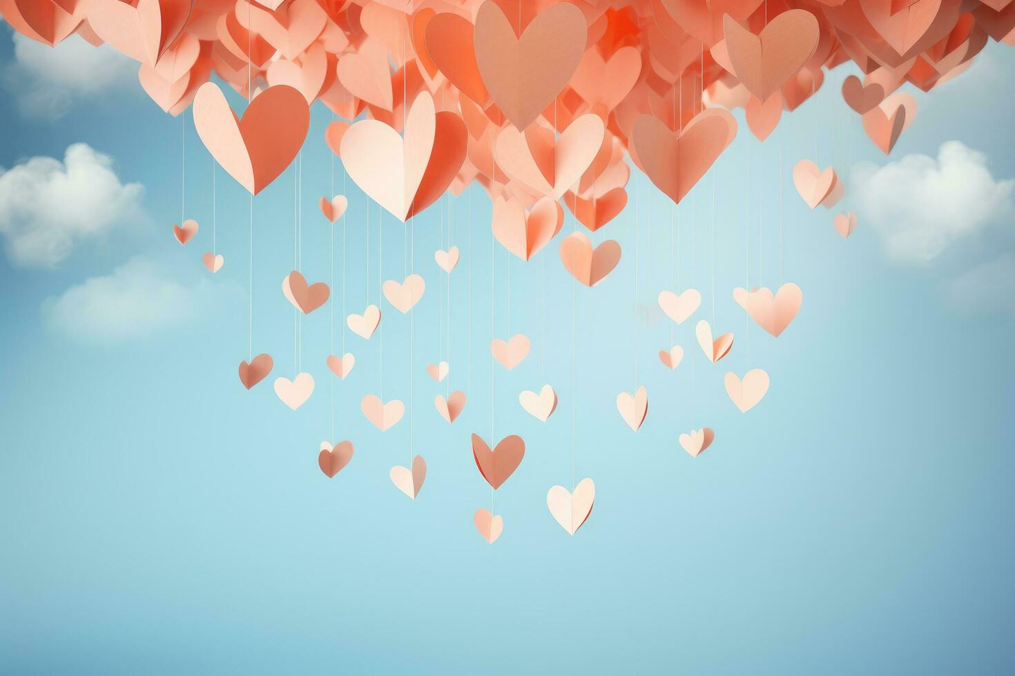 ai generato carta cuori su blu cielo sfondo. San Valentino giorno concetto. 3d rendering, a forma di cuore carta arte sospeso a partire dal il cielo su un' pastello sfondo, ai generato foto