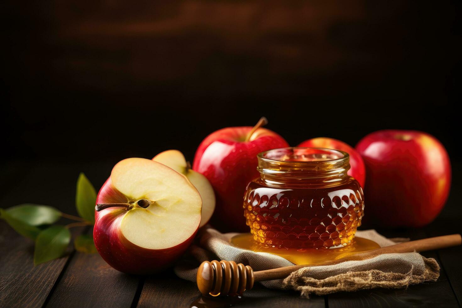 ai generato miele nel un' bicchiere vaso e fresco rosso mele su di legno sfondo, Mela e Miele, tradizionale cibo di il ebraico nuovo anno - Rosh hashanah, copia spazio sfondo, ai generato foto