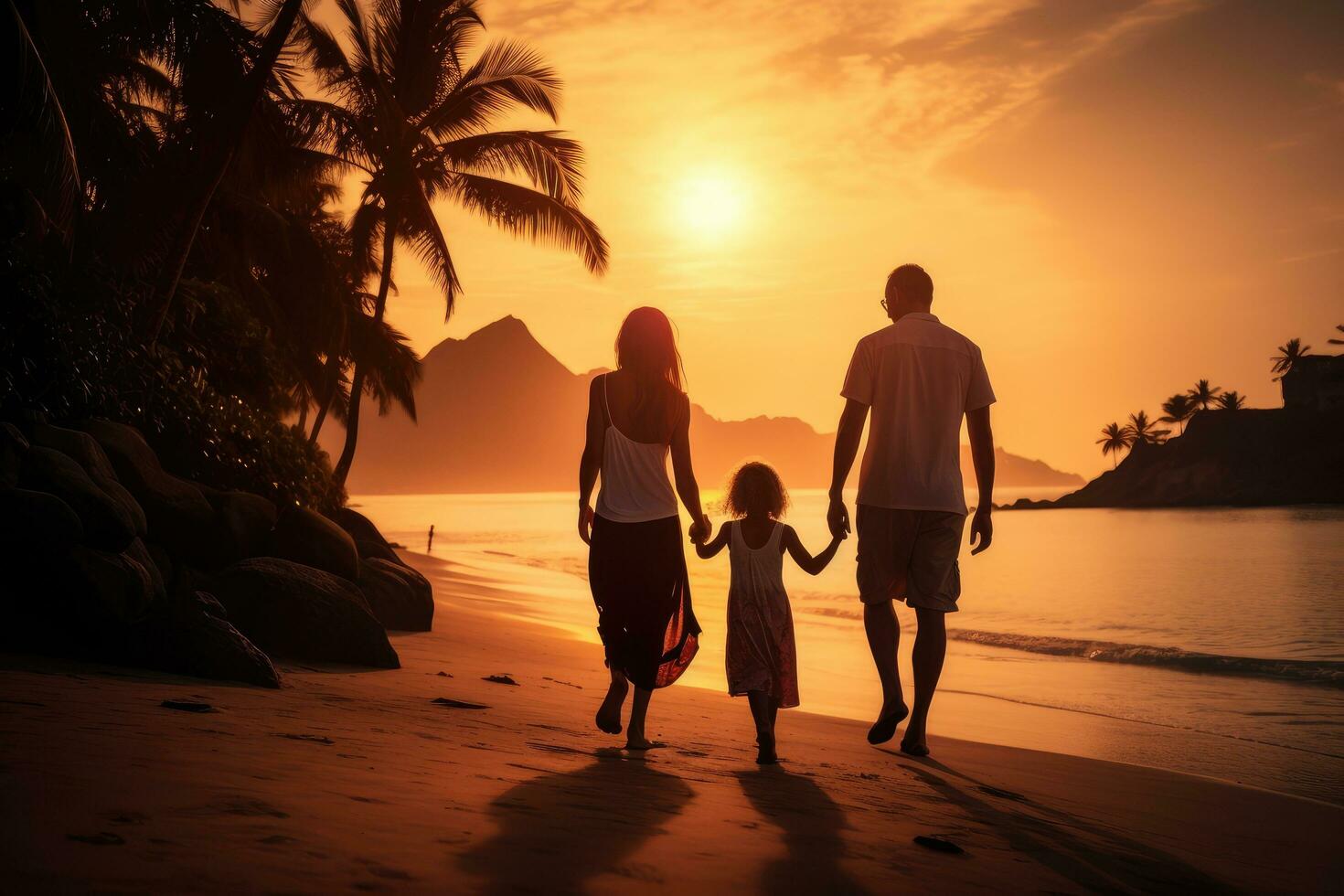 contento giovane famiglia con poco figlia avere divertimento a bellissimo spiaggia a tramonto, posteriore Visualizza di un' contento famiglia a tramonto, ai generato foto