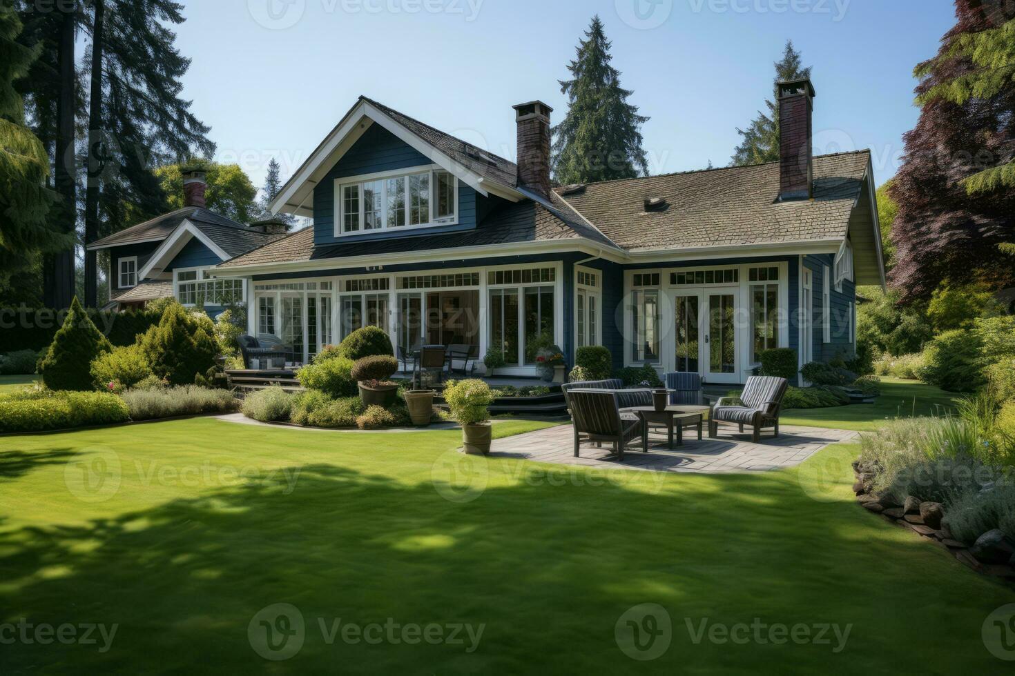 ai generato lusso Casa con verde prato e Giardino dietro la casa foto