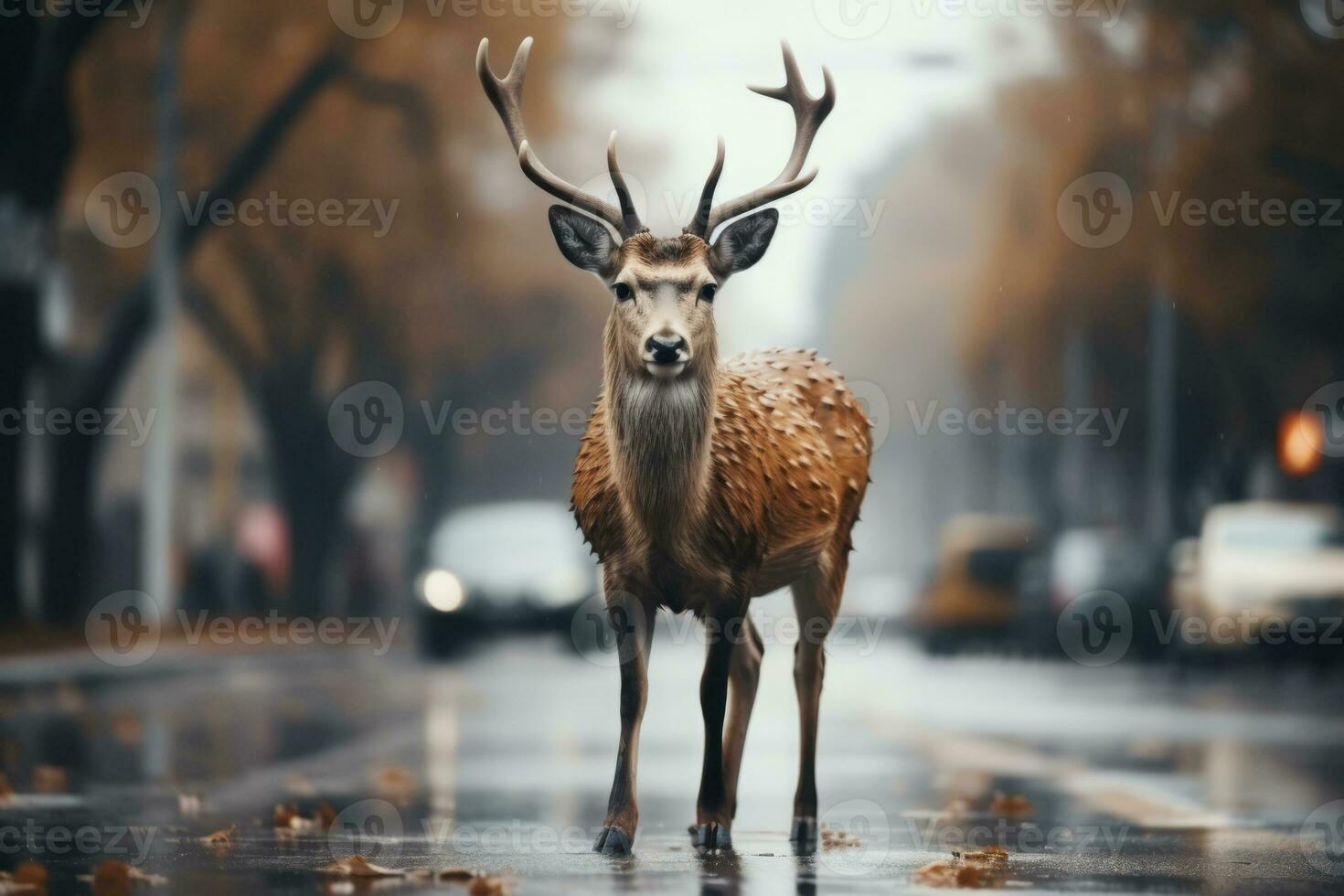 ai generato cervo attraversamento auto strada vicino foresta foto