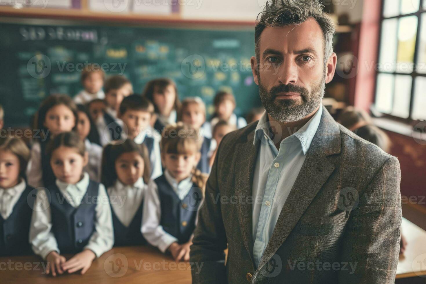 ai generato ritratto di maschio insegnante e allievi seduta a banchi nel aula foto