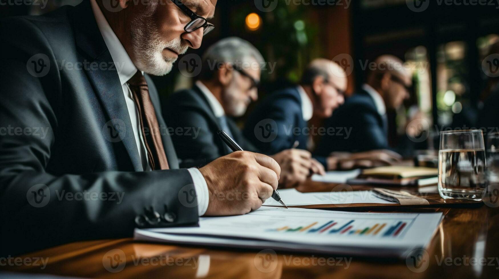 ai generato selettivo messa a fuoco di anziano uomo d'affari scrittura nel taccuino durante attività commerciale incontro nel ufficio foto