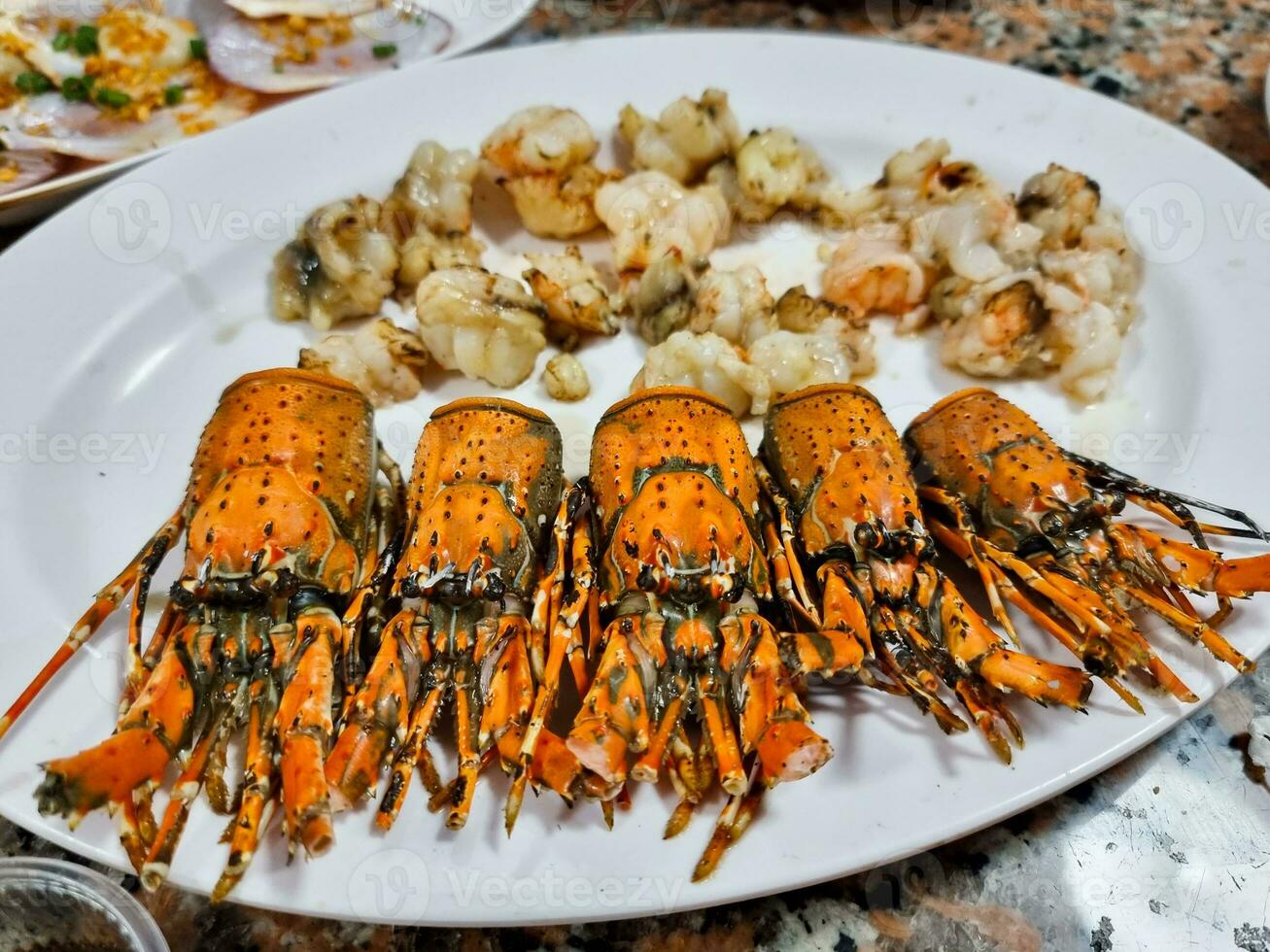 caldo cibo arancia teste aragosta bistecca servendo metà dado molti pezzi . gamberetto griglia frutti di mare su bianca piatto. foto