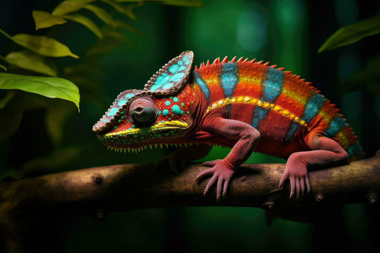 ai generato colorato camaleonte su un' ramo nel il foresta, vicino su di luminosa camaleonte su il ramo su buio sfondo, ai generato foto