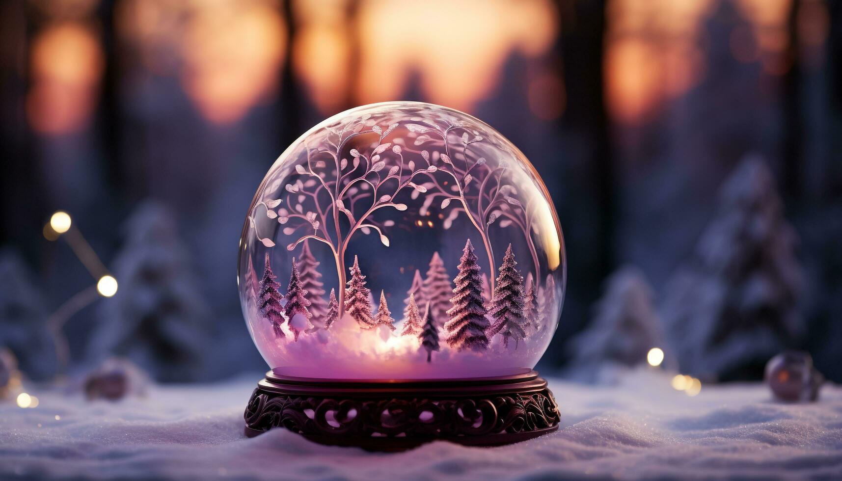 ai generato inverno neve globo con raggiante fiocco di neve, Natale albero, e bicchiere palla generato di ai foto