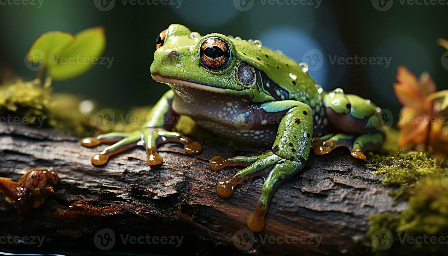 ai generato un' carino rospo seduta su un' bagnato foglia nel il foresta generato di ai foto