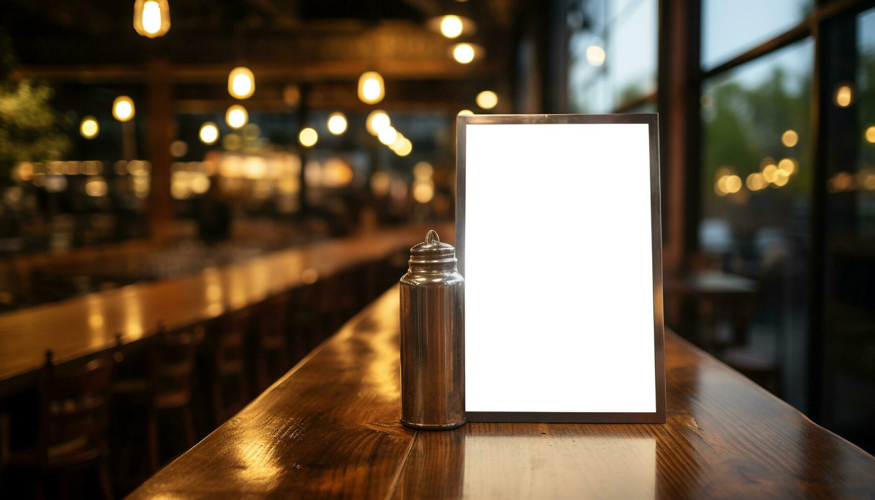 ai generato moderno bar con illuminato cartello, vuoto tavoli in casa generato di ai foto