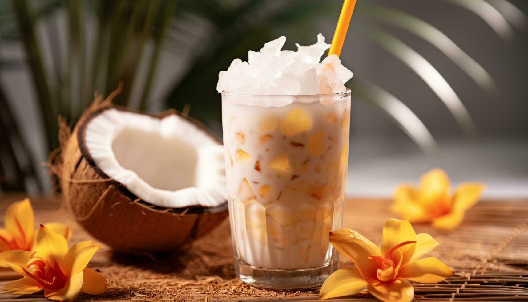 ai generato rinfrescante Noce di cocco frappè, un' tropicale bevanda per rilassamento generato di ai foto