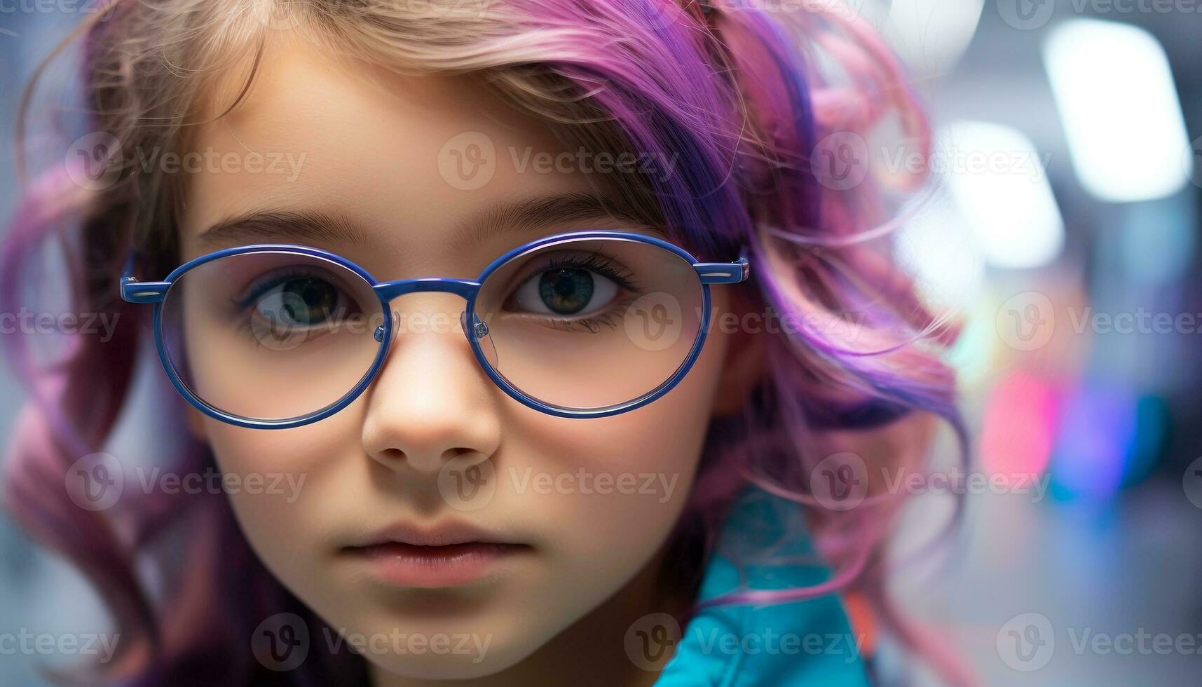 ai generato carino ragazza con occhiali guardare a telecamera generato di ai foto