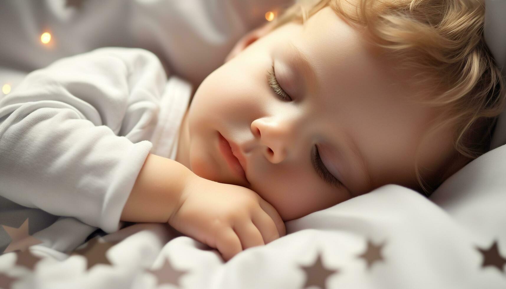ai generato carino bambino ragazza addormentato pacificamente nel confortevole letto generato di ai foto