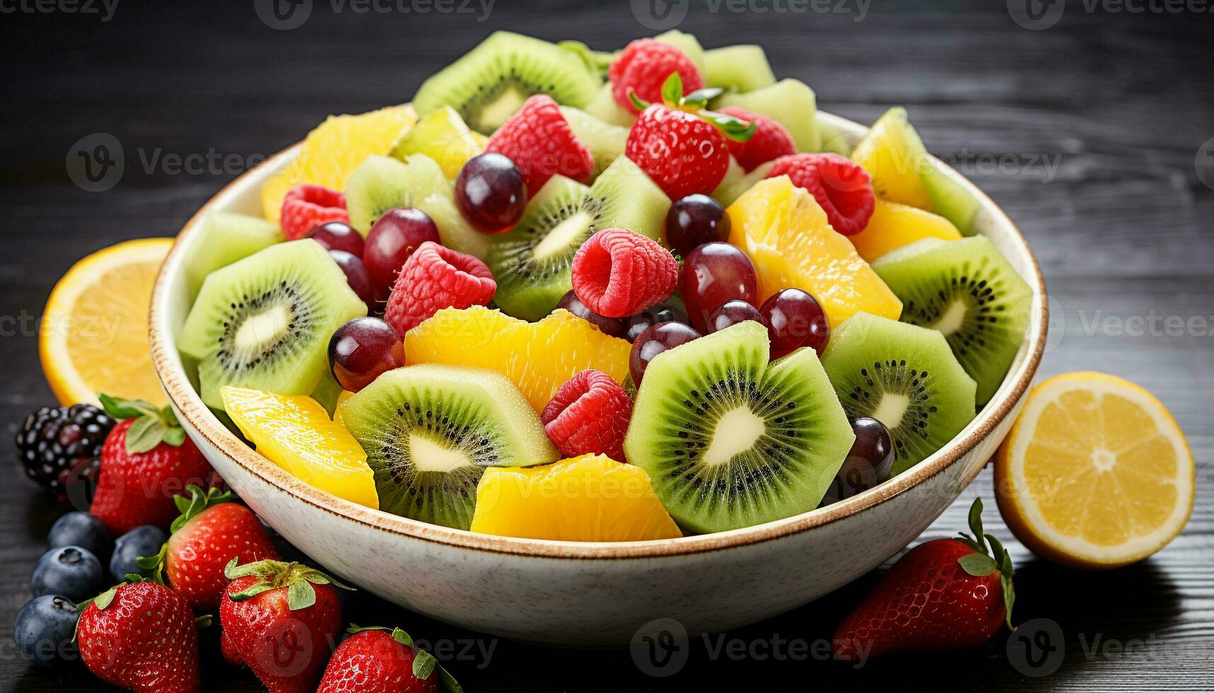 ai generato freschezza e varietà nel un' colorato frutta insalata generato di ai foto