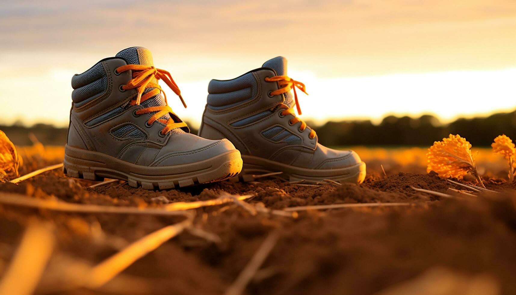 ai generato uomini gli sport scarpa a piedi su erba a tramonto generato di ai foto