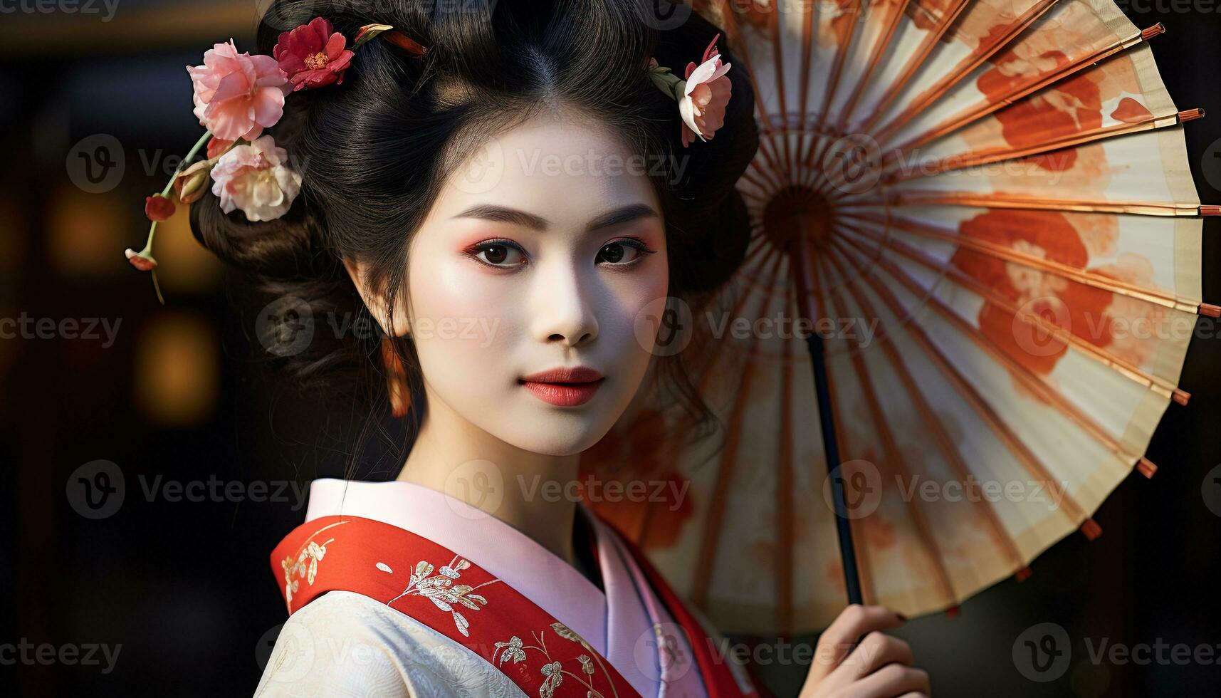 ai generato giovane geisha guardare a telecamera, elegante e bellissimo generato di ai foto