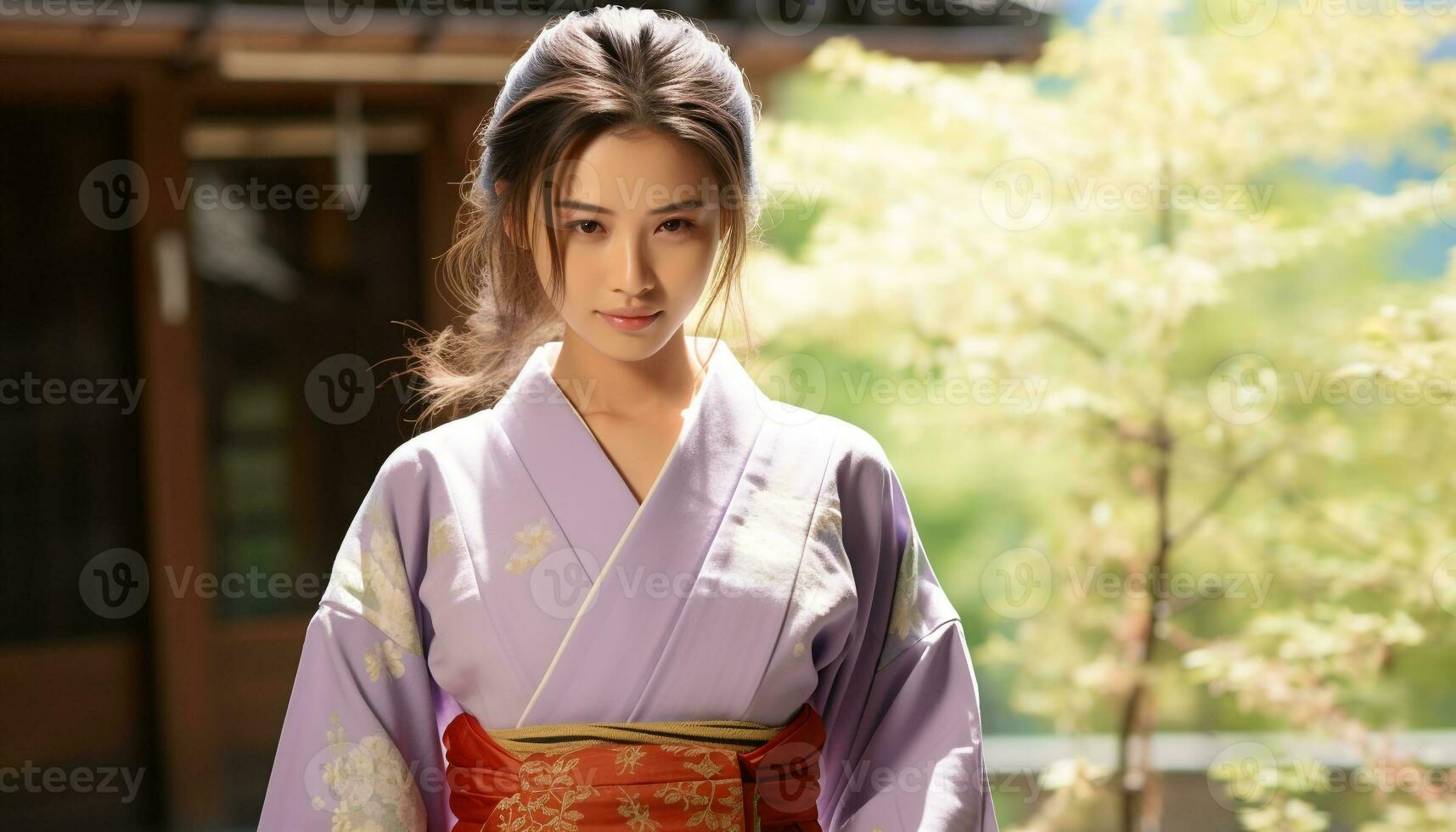 ai generato sorridente giovane donna nel tradizionale giapponese yukata, all'aperto generato di ai foto