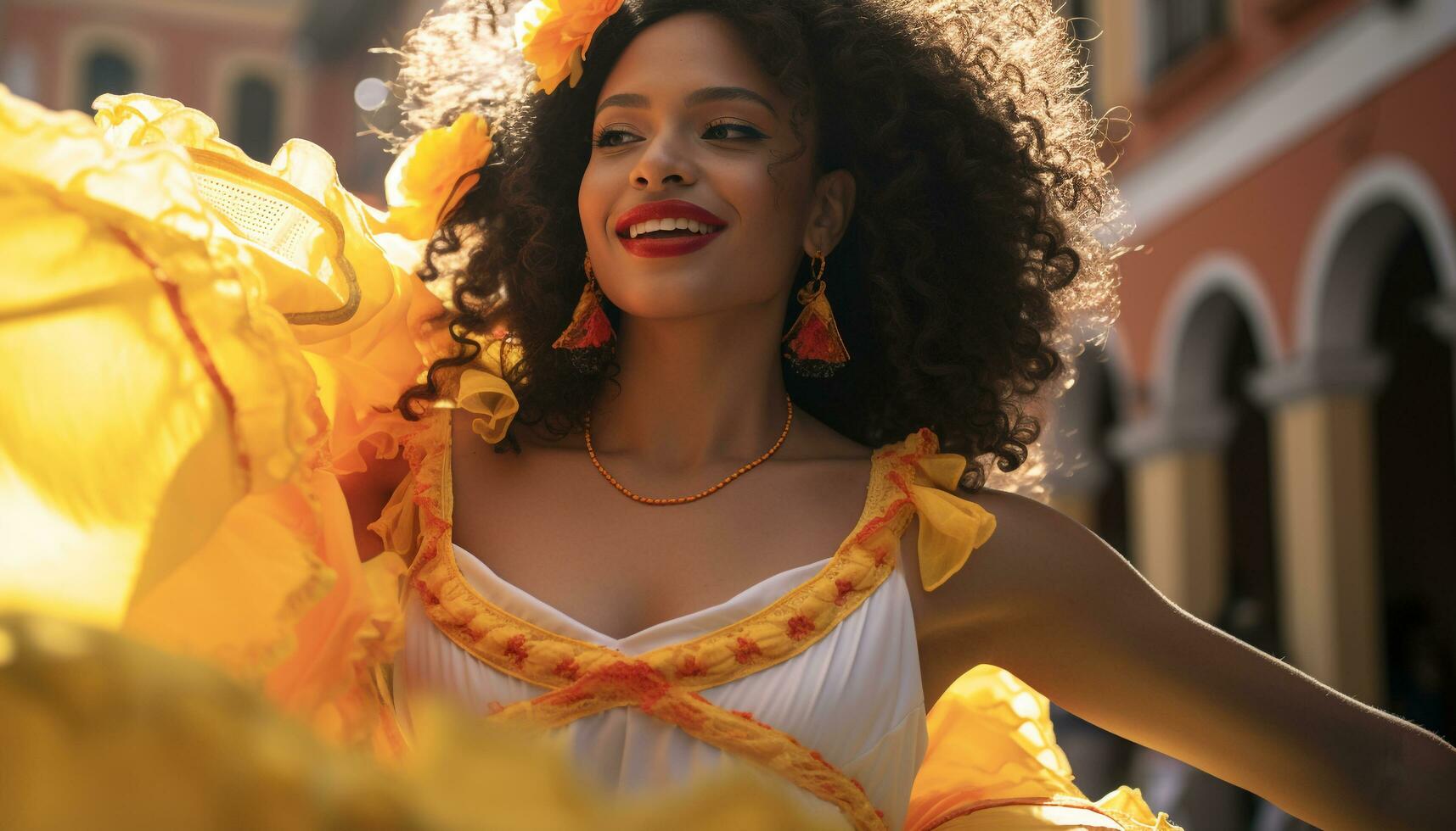 ai generato sorridente giovane donna gode natura bellezza all'aperto generato di ai foto