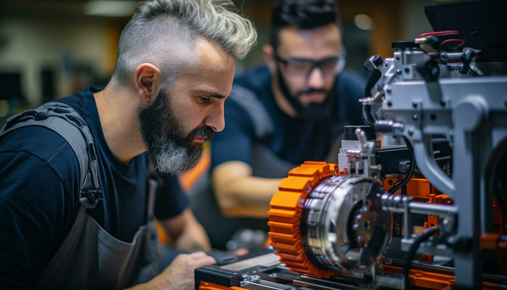 ai generato Due uomini Lavorando nel un' laboratorio riparazione macchinari generato di ai foto