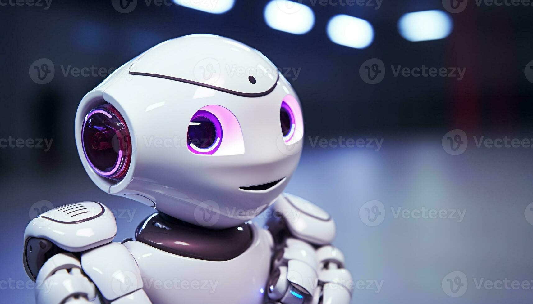 ai generato sorridente futuristico robot in piedi, Tenere carino robotica braccio generato di ai foto