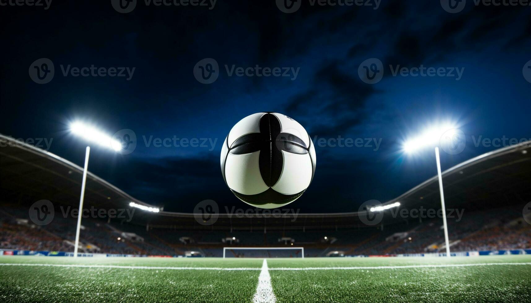 ai generato luminosa riflettore si illumina calcio palla nel competitivo sport generato di ai foto